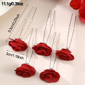 Detailed view of 6 red fabric rose U-shaped hair pins with product dimensions and weights