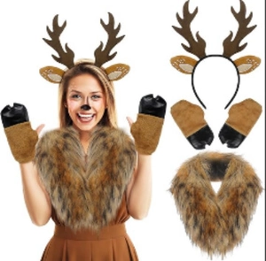 Detail view of brown reindeer antler headband with matching furry gloves and scarf set