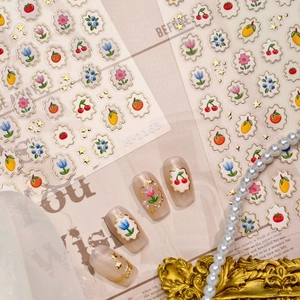 3D Relief Nail Stickers Self Adhesive Fruit Flower Cherry Tulip Lemon Gold Stamping Retro French Manicure Decor For Women