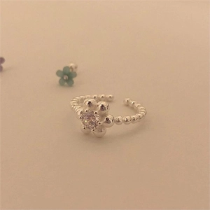 Flower Adjustable Open Ring 925 Sterling Silver Beaded Band Cubic Zirconia Korean Sweet Style Elegant
