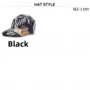Detail of tropical leaf pattern and MZ-1189 model tag on navy blue baseball cap