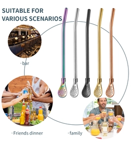 Five colored stainless steel yerba mate straws with filter spoon for various scenarios