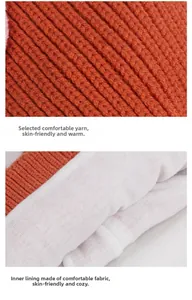 Détail de l'extérieur tricoté brun-rouge et de la doublure en coton doux du bonnet pour enfant