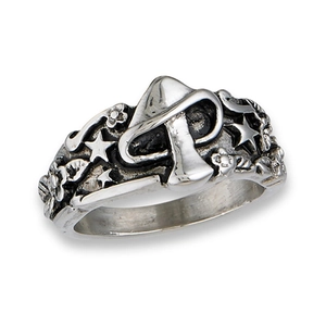 Vintage oxidized silver ring featuring embossed mushroom, star, and leaf patterns