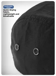 Detail of breathable quick-dry mesh fabric and metal side vents on the black sports cap