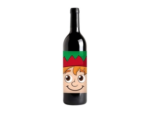 Detail of red wine bottle with premium gold-stamped Christmas elf labels on black glass