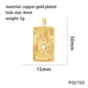 Copper gold plated tarot card pendant with white zircon and relief patterns, 30mm x 15mm size
