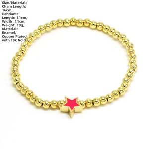 Detailed view of 18K gold plated bead bracelet with red enamel star pendant size specs