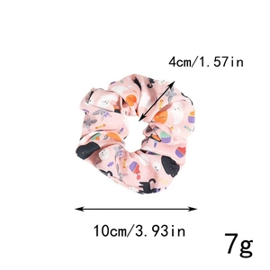 Detailed size chart for pink Halloween hair scrunchie with ghost and bat patterns