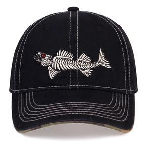 Detailed embroidery of a white fishbone with a red eye on a black cotton baseball cap
