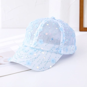 Detailed view of light blue mesh baseball cap with 3D floral accents and shimmering sequins