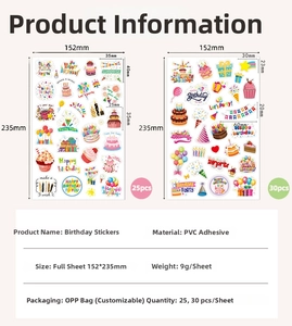 Detailed size chart showing PVC birthday stickers dimensions of 152 by 235 mm