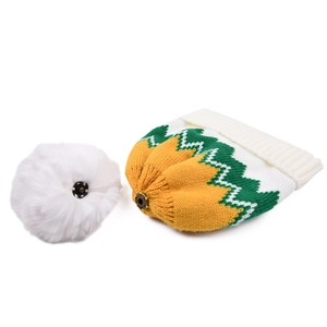 Three-color wavy knit beanie with detachable white faux fur pompom and snap button