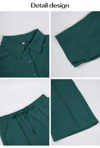 Detail view of green textured shirt collar, sleeve cuffs and elastic drawstring waist