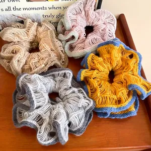 Set of knit double-layer flower scrunchies in oatmeal, pink, grey and yellow blue contrast