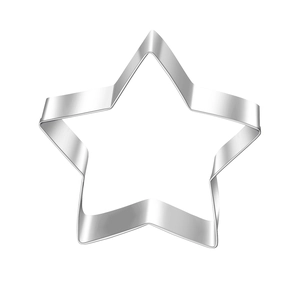 Polished silver stainless steel star-shaped cookie cutter on white background