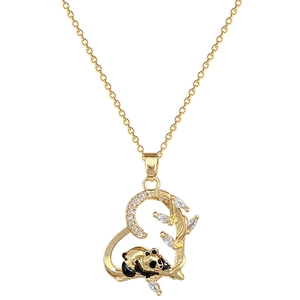 Golden titanium heart necklace with panda pendant and sparkling clear crystals