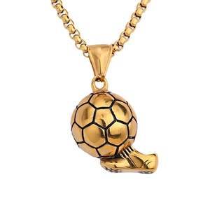 Men's golden stainless steel necklace with football and cleat pendants in a clear view