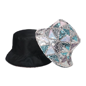 Black fabric and silver geometric sequin bucket hats set for hip-hop streetwear style