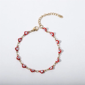 Bracelet en acier inoxydable plaqué or 18K avec cœurs en émail rouge et œil porte-bonheur