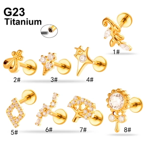 G23 titanium piercing studs set with cubic zirconia in leaf, bee, and star designs