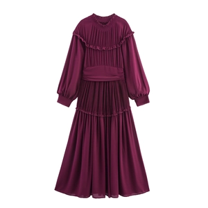 Robe Longue Plissée Élégante Pour Femmes Mousseline De Polyester Manches Longues Col Montant Volants Taille Haute Couleur Unie