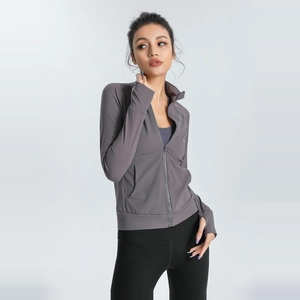 Women Slim Fit Sport Jacket Long Sleeve Zipper Stand Collar Top Breathable Yoga Running Training Fitness Activewear With Thumbholes