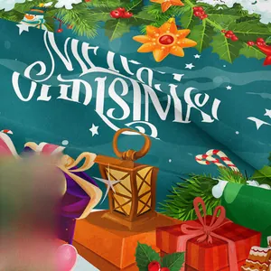 Detail of Christmas tapestry fabric showing festive patterns and Merry Christmas lettering