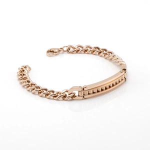 Polished rose gold stainless steel Cuban link bracelet with a minimalist rectangular bar