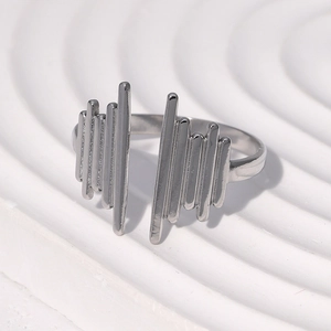 Modern silver adjustable open ring with irregular vertical bars pulse wave design