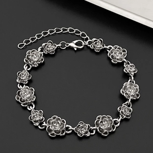 Vintage silver rose flower bracelet with lobster clasp and adjustable metal link chain