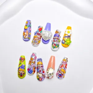 5D embossed press-on nails set with cute cartoon stickers and 3D floral gemstone charms