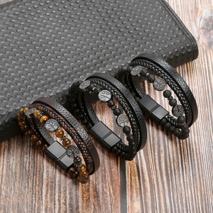 Bracciale Multistrato Pelle Pietra Naturale Occhio Di Tigre Albero Della Vita Ciondolo Chiusura Magnetica Gioielli Uomo