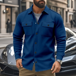 Slim fit dark blue long sleeve shirt jacket with turn-down collar and double chest pockets