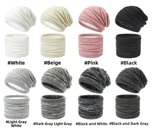 Knit beanie and neck warmer set displayed in eight colors with soft fleece lining