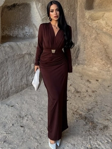 Elegant deep coffee V-neck maxi dress with long sleeves and pleated metal buckle waist