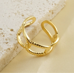 Detailed shot of gold-plated woven texture hollow ring with adjustable open design