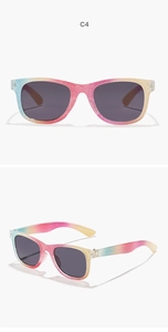 Detail of kids glitter square sunglasses with colorful gradient frames and dark lenses