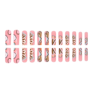 Pink press-on false nails set with vintage flower patterns, 24 piece long pipe shape kit