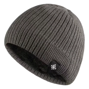 Winter thermal knit beanie in dark gray with thick fleece lining and snowflake patch