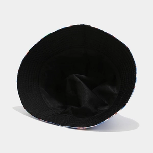Detail view of rainbow print bucket hat showing black inner lining and neat stitching