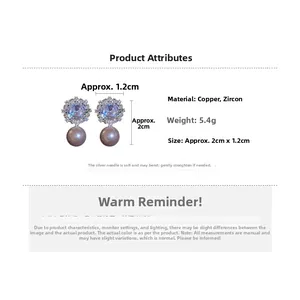 Macro view of flower stud earrings featuring clear zircons and purple pearls