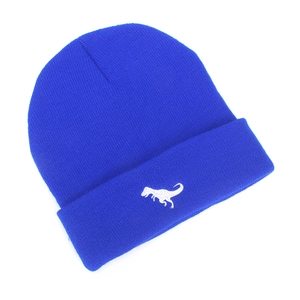 Detailed knit texture of royal blue kids beanie with embroidered white dinosaur