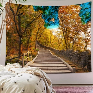 Macro detail of natural forest tapestry showing stone stairs and autumn maple leaves