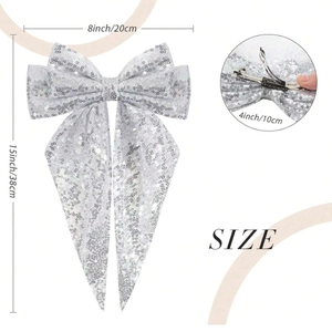Sparkly silver sequin oversized bow hair clip with long ribbons and size guide details