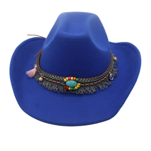 Detail of bright blue felt cowboy hat with turquoise beads and ethnic woven band
