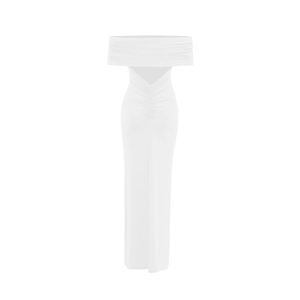 Close-up of white off-shoulder bodycon dress with back cutout and ruching detail