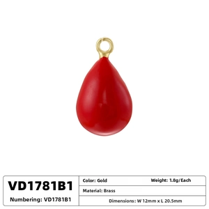Detailed view of red drop pendant with golden brass ring and measurements 12x20.5mm