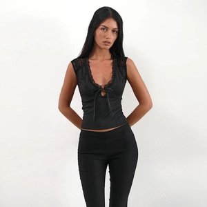 Women's streetwear black lace trim sleeveless top with front tie-up detail on white background