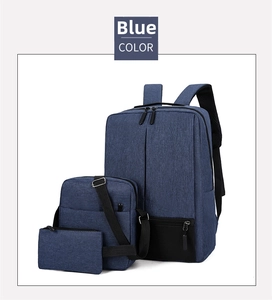 Three-piece set featuring a dark blue business laptop backpack, crossbody bag, and clutch